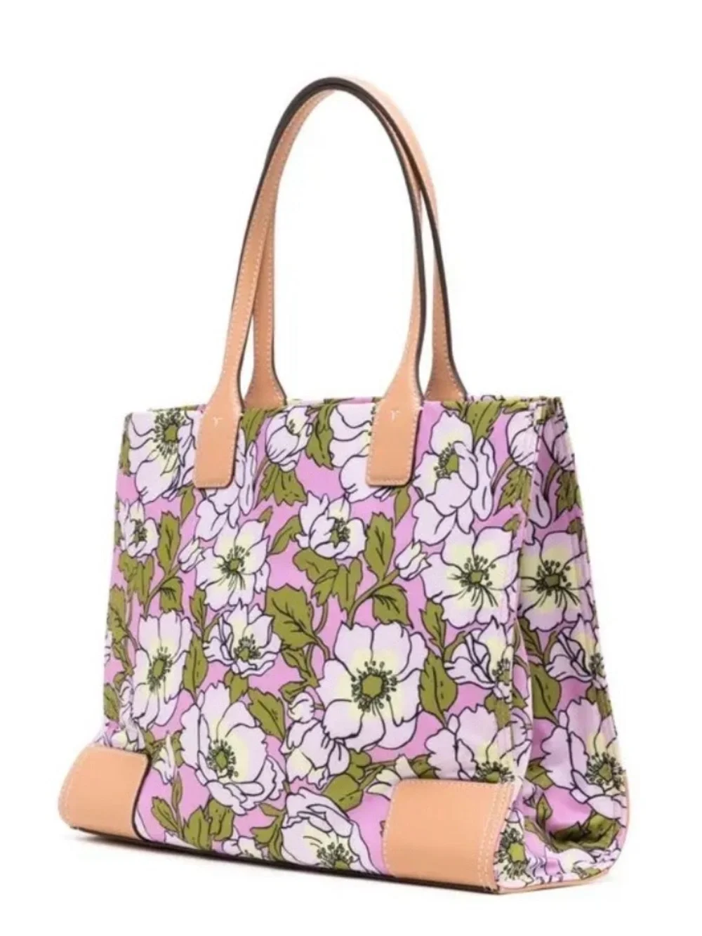 Tory Burch Ella Pink Floral Print Tote with Tan Leather Logo Laptop Sleeve